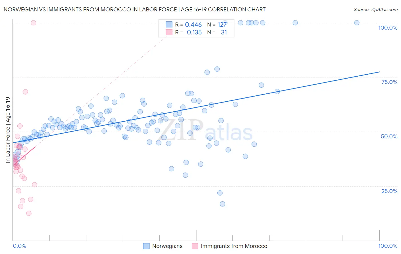 Norwegian vs Immigrants from Morocco In Labor Force | Age 16-19