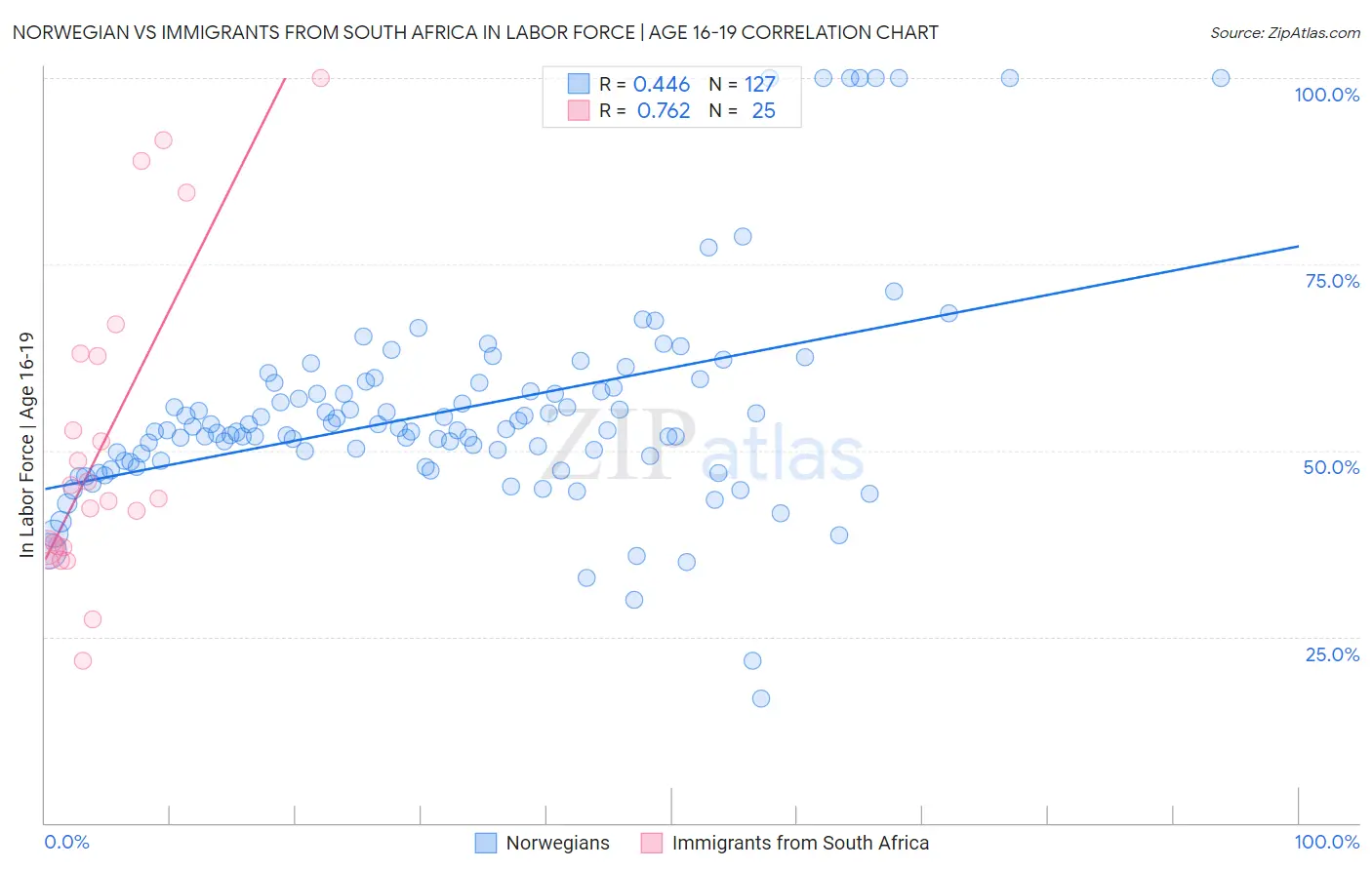 Norwegian vs Immigrants from South Africa In Labor Force | Age 16-19