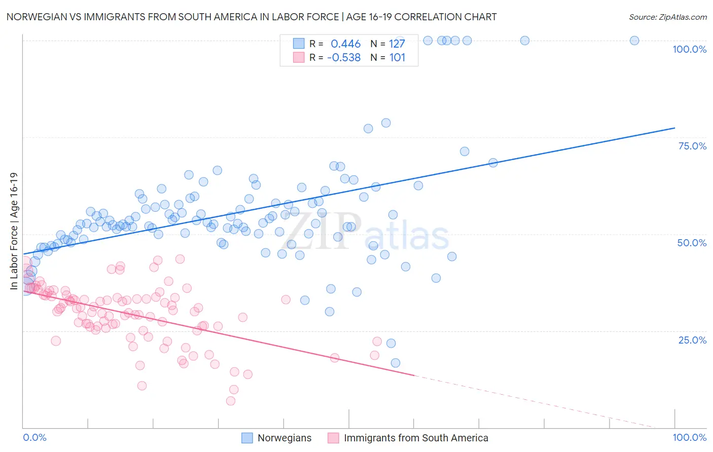 Norwegian vs Immigrants from South America In Labor Force | Age 16-19