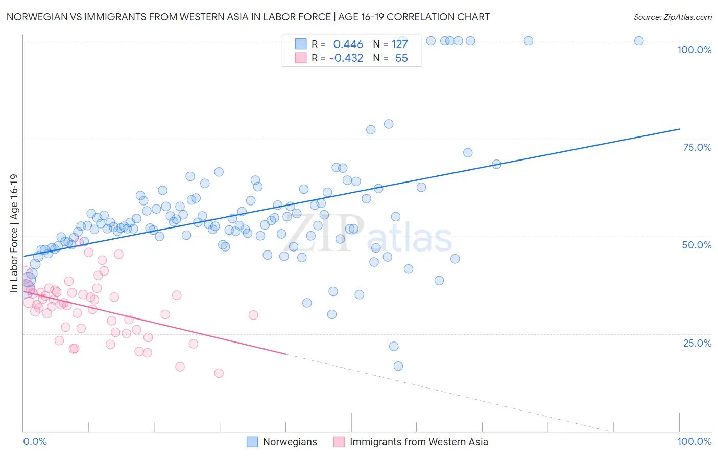Norwegian vs Immigrants from Western Asia In Labor Force | Age 16-19