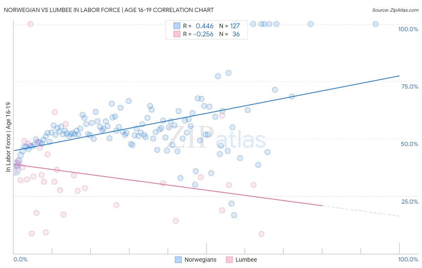 Norwegian vs Lumbee In Labor Force | Age 16-19