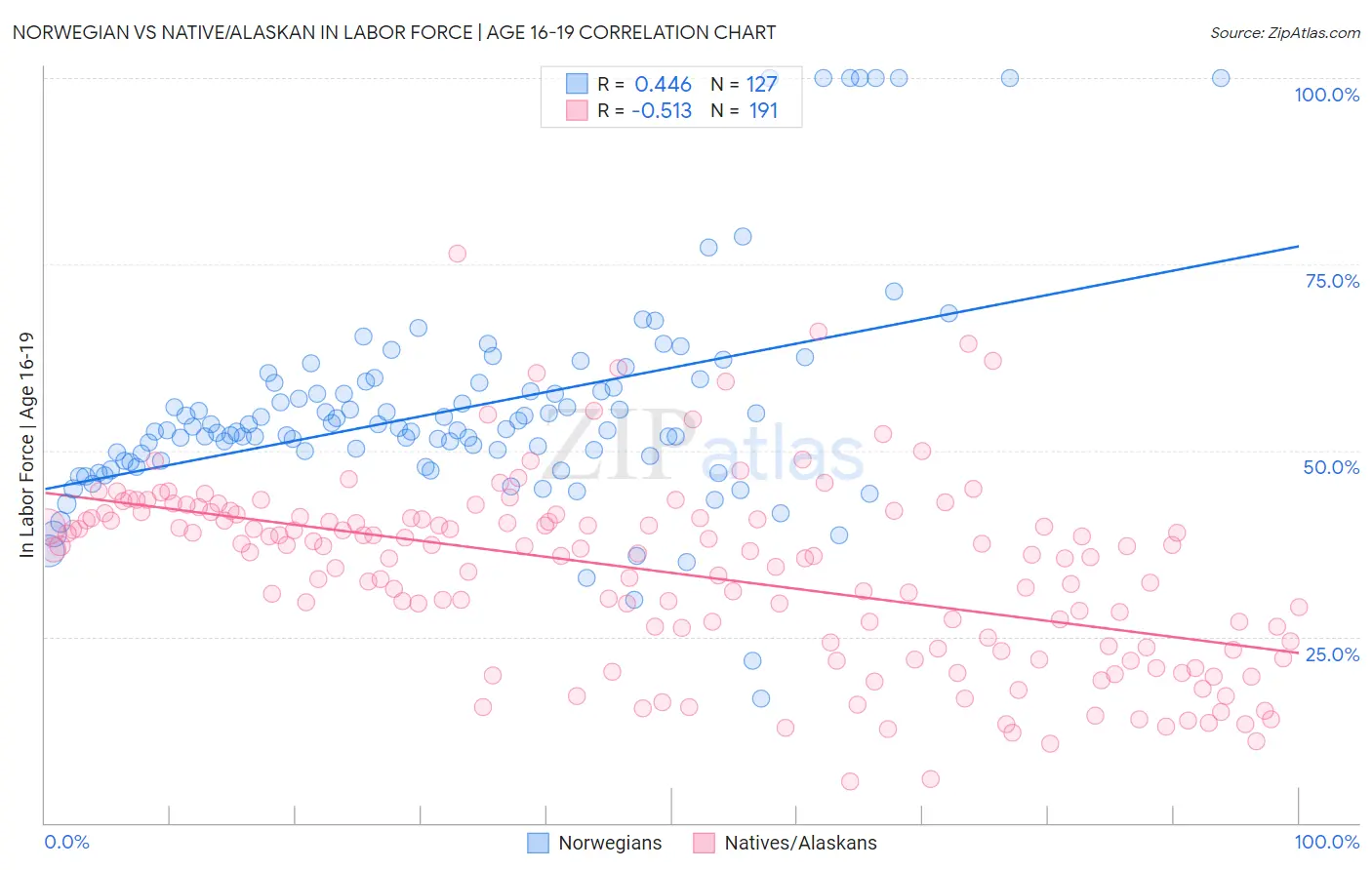 Norwegian vs Native/Alaskan In Labor Force | Age 16-19