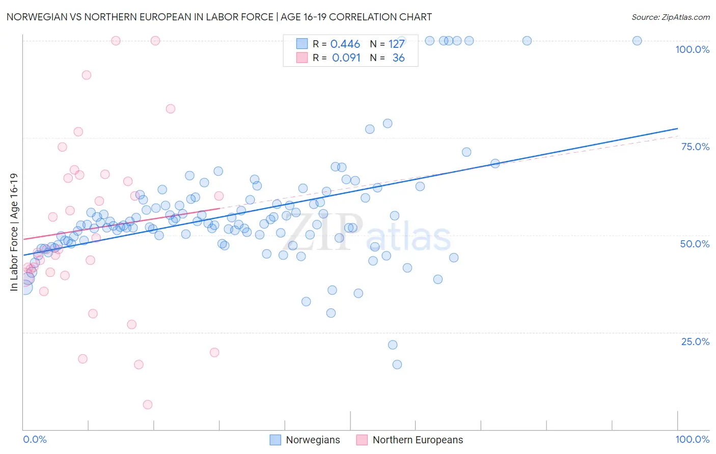Norwegian vs Northern European In Labor Force | Age 16-19