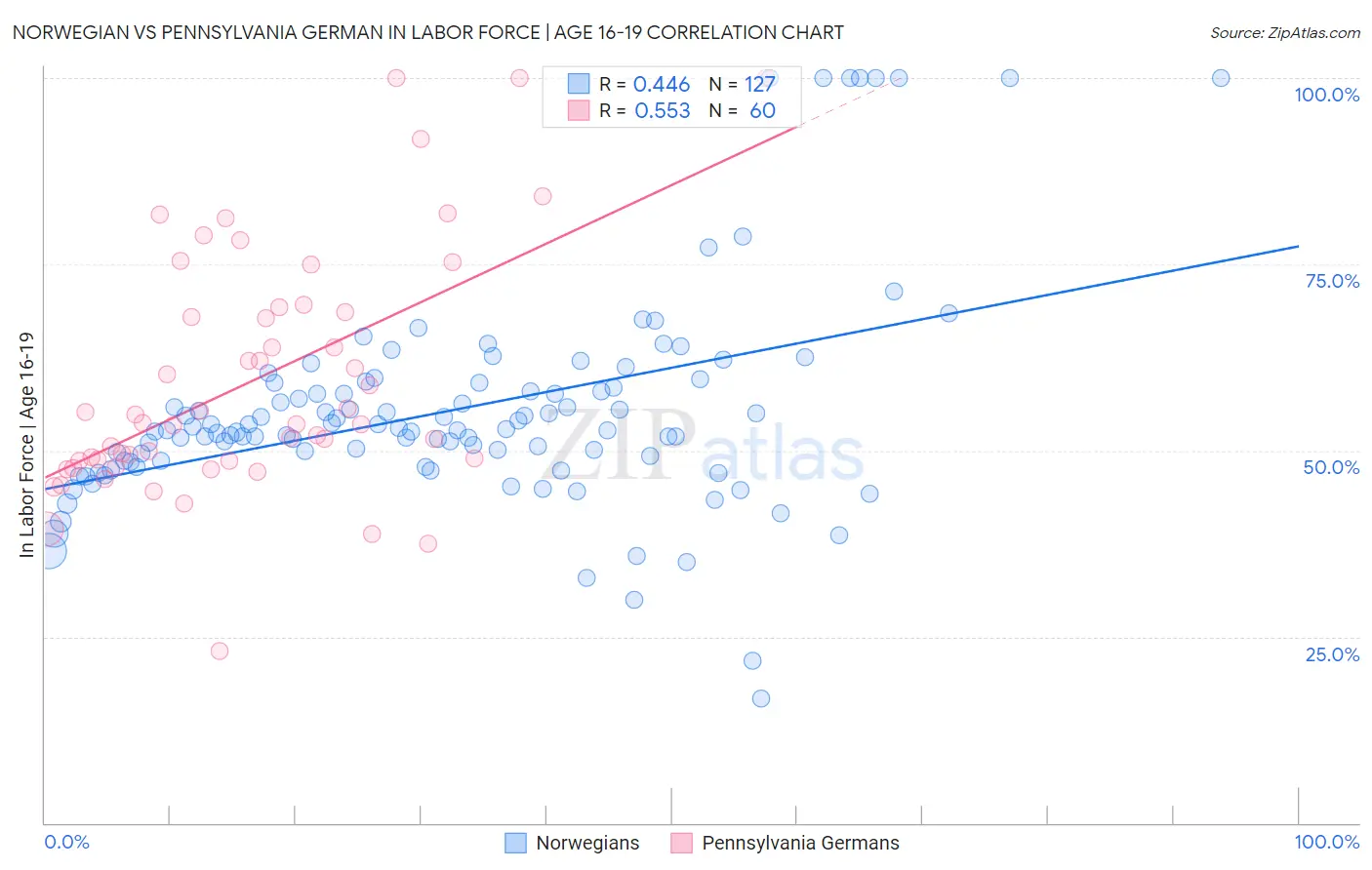 Norwegian vs Pennsylvania German In Labor Force | Age 16-19