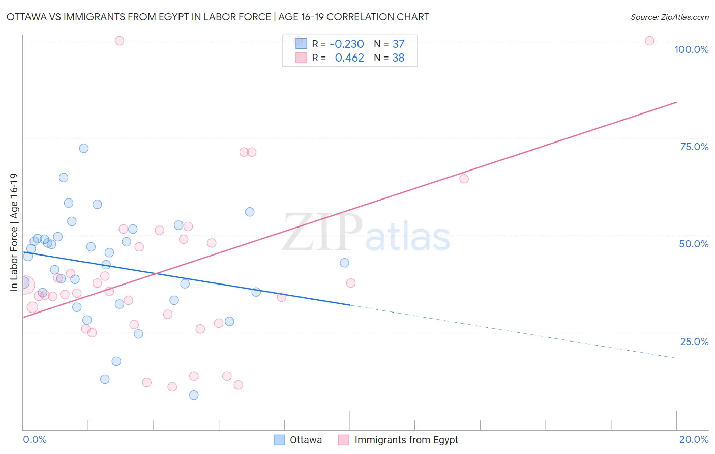 Ottawa vs Immigrants from Egypt In Labor Force | Age 16-19