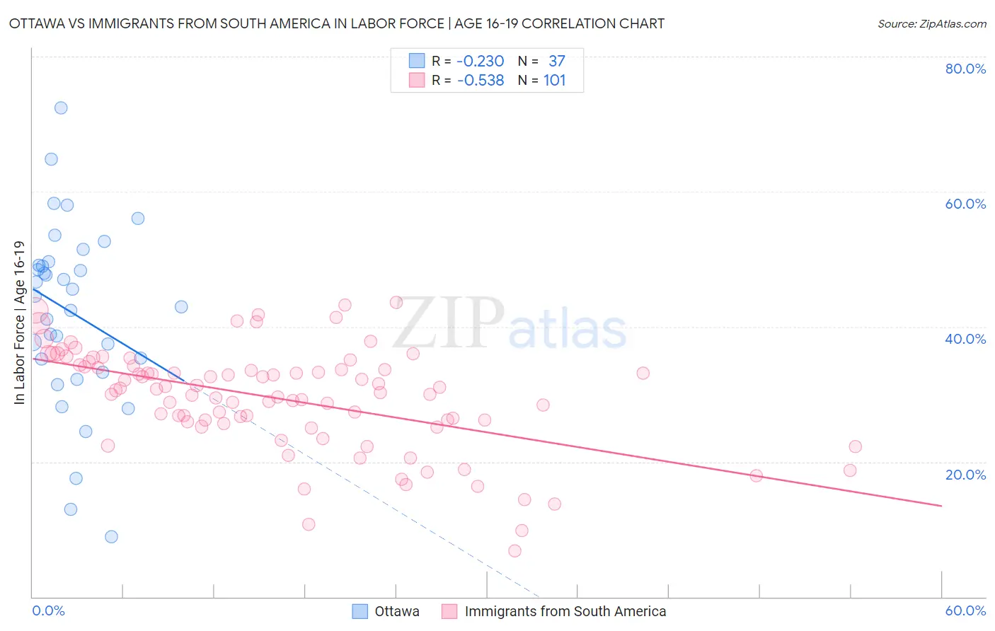 Ottawa vs Immigrants from South America In Labor Force | Age 16-19