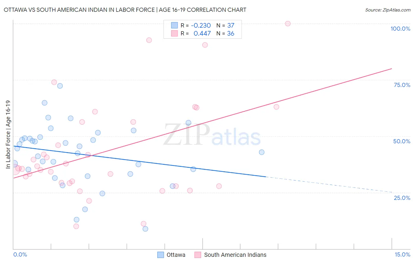 Ottawa vs South American Indian In Labor Force | Age 16-19