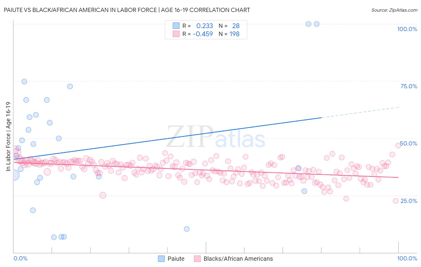 Paiute vs Black/African American In Labor Force | Age 16-19