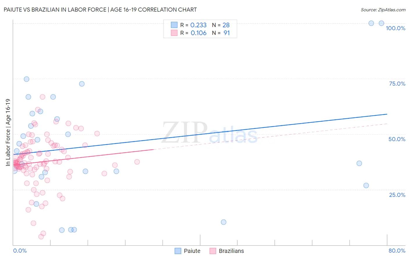 Paiute vs Brazilian In Labor Force | Age 16-19