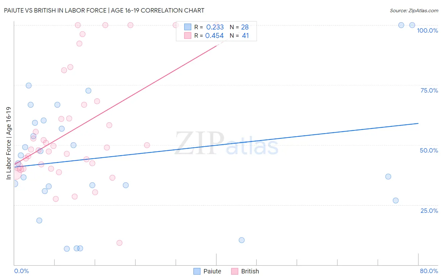 Paiute vs British In Labor Force | Age 16-19