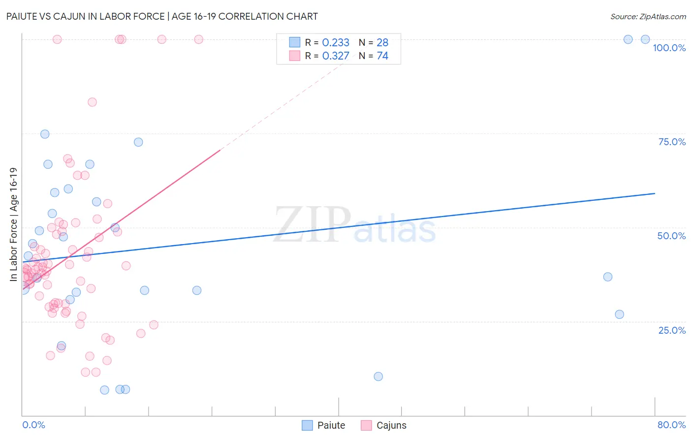 Paiute vs Cajun In Labor Force | Age 16-19