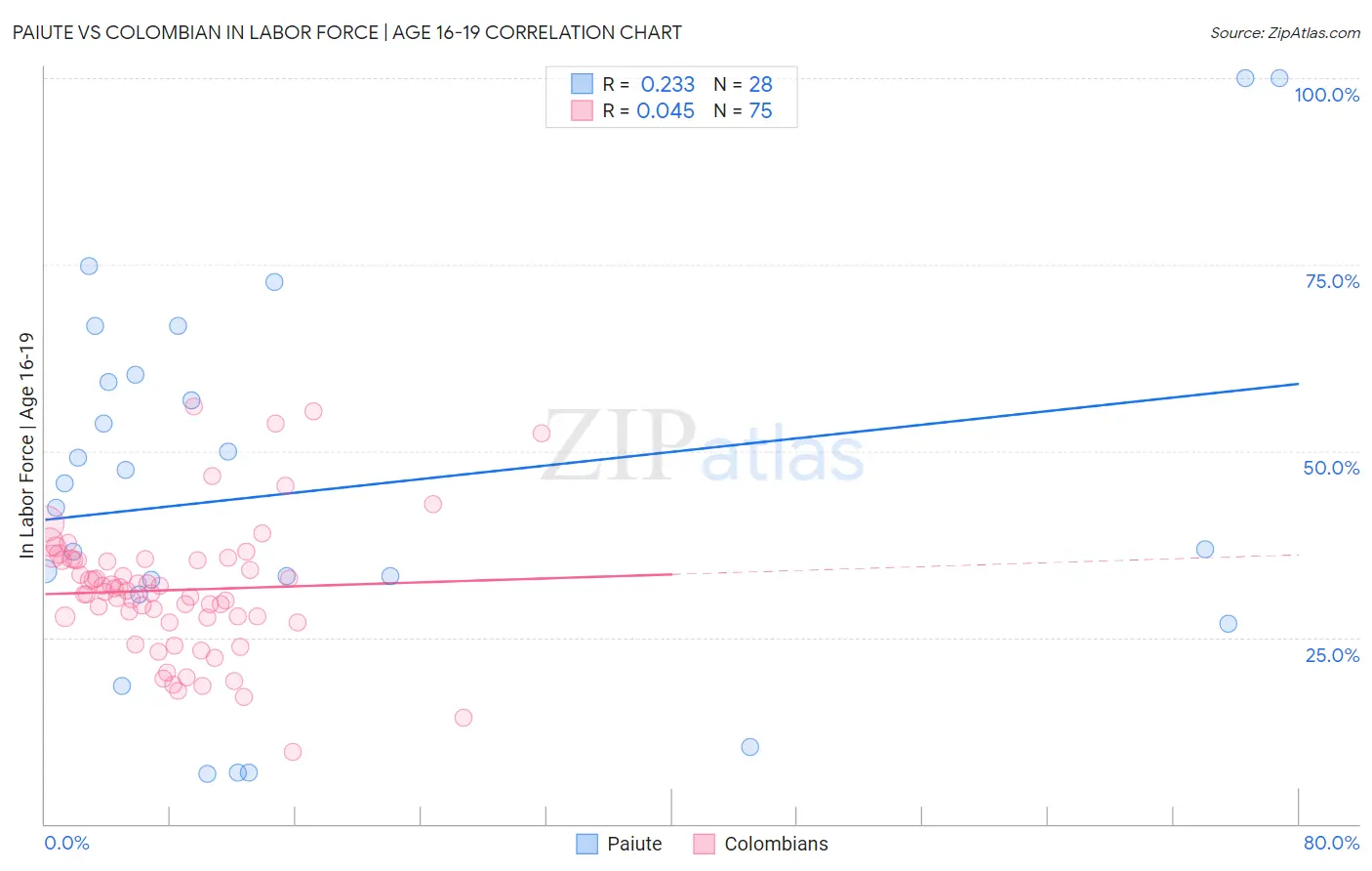 Paiute vs Colombian In Labor Force | Age 16-19