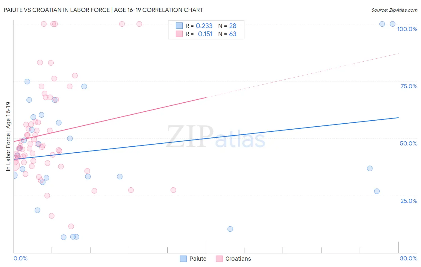 Paiute vs Croatian In Labor Force | Age 16-19