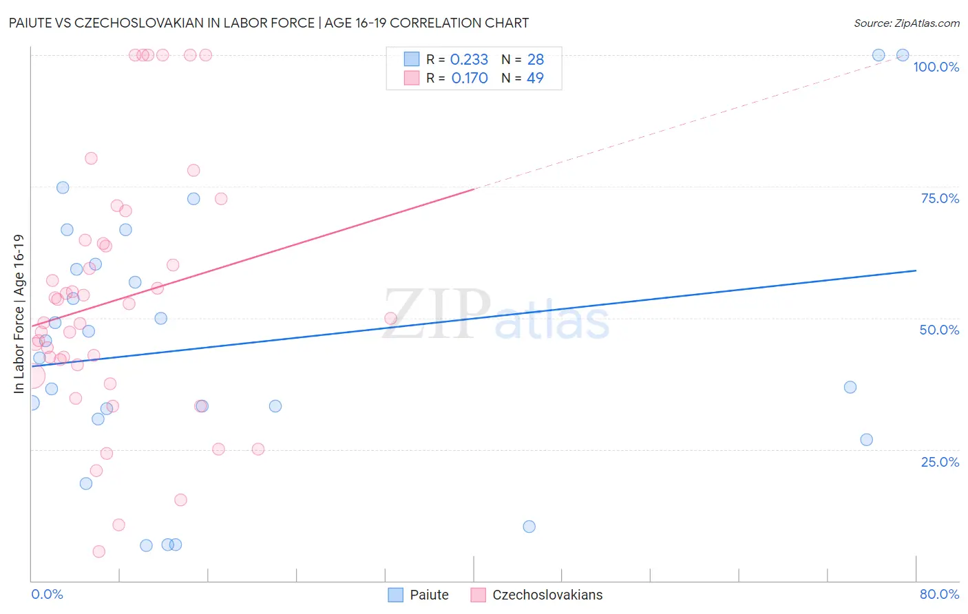 Paiute vs Czechoslovakian In Labor Force | Age 16-19