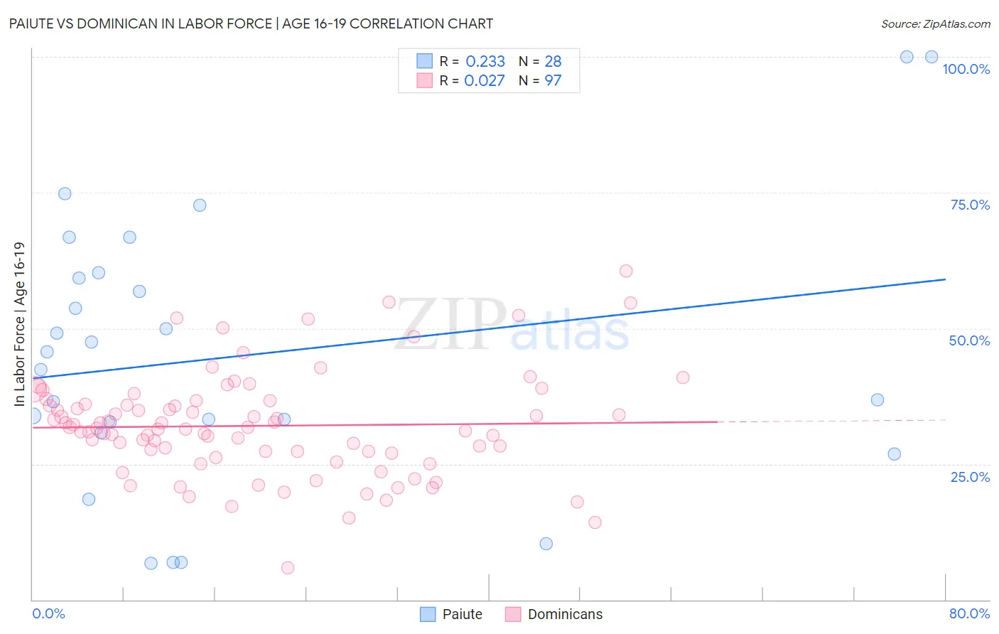 Paiute vs Dominican In Labor Force | Age 16-19