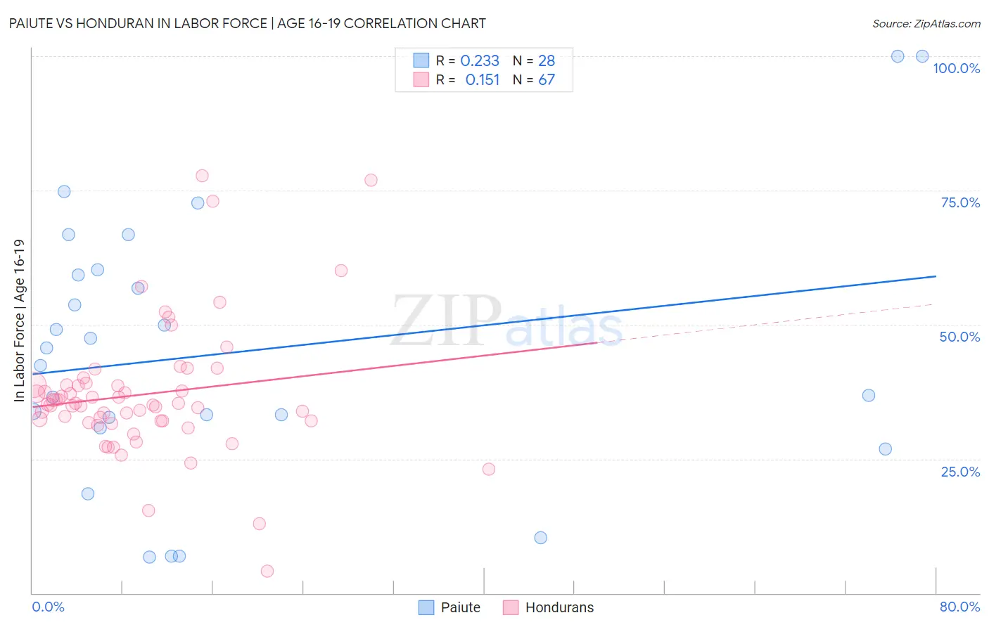 Paiute vs Honduran In Labor Force | Age 16-19