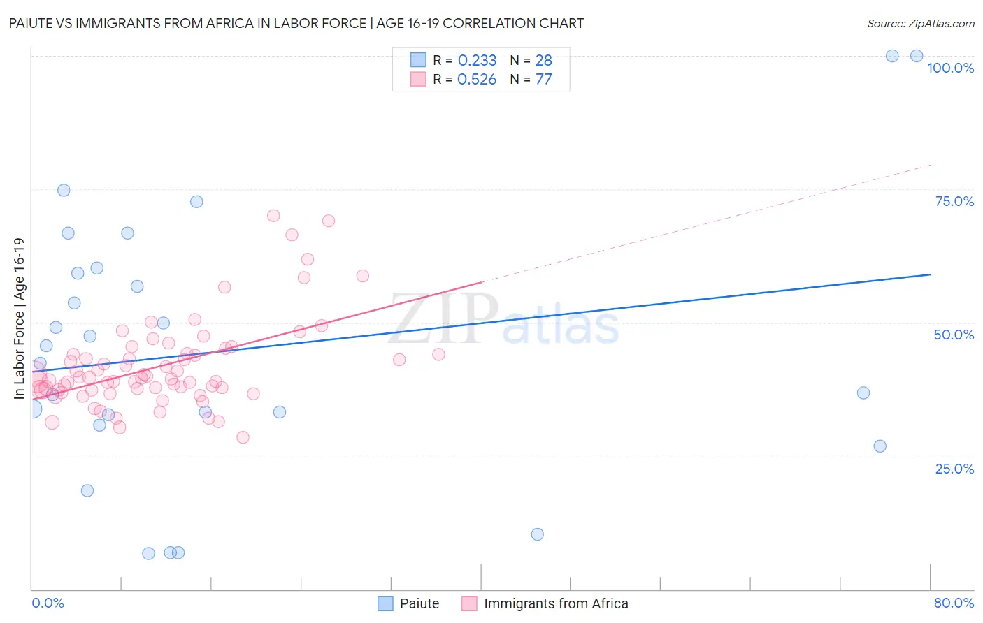 Paiute vs Immigrants from Africa In Labor Force | Age 16-19
