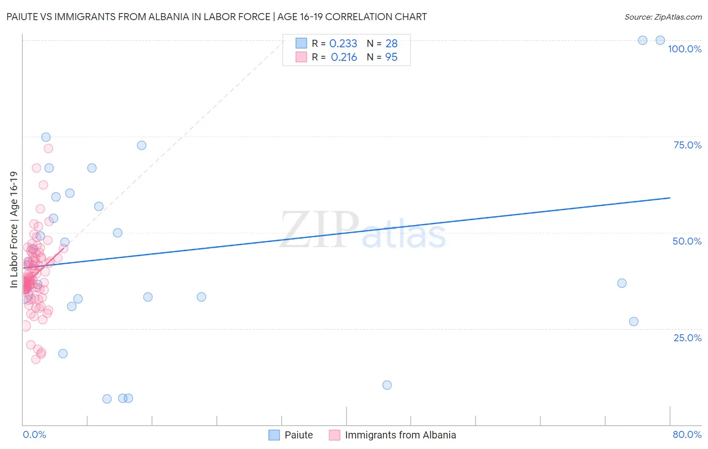 Paiute vs Immigrants from Albania In Labor Force | Age 16-19