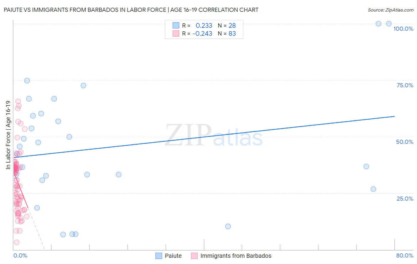 Paiute vs Immigrants from Barbados In Labor Force | Age 16-19