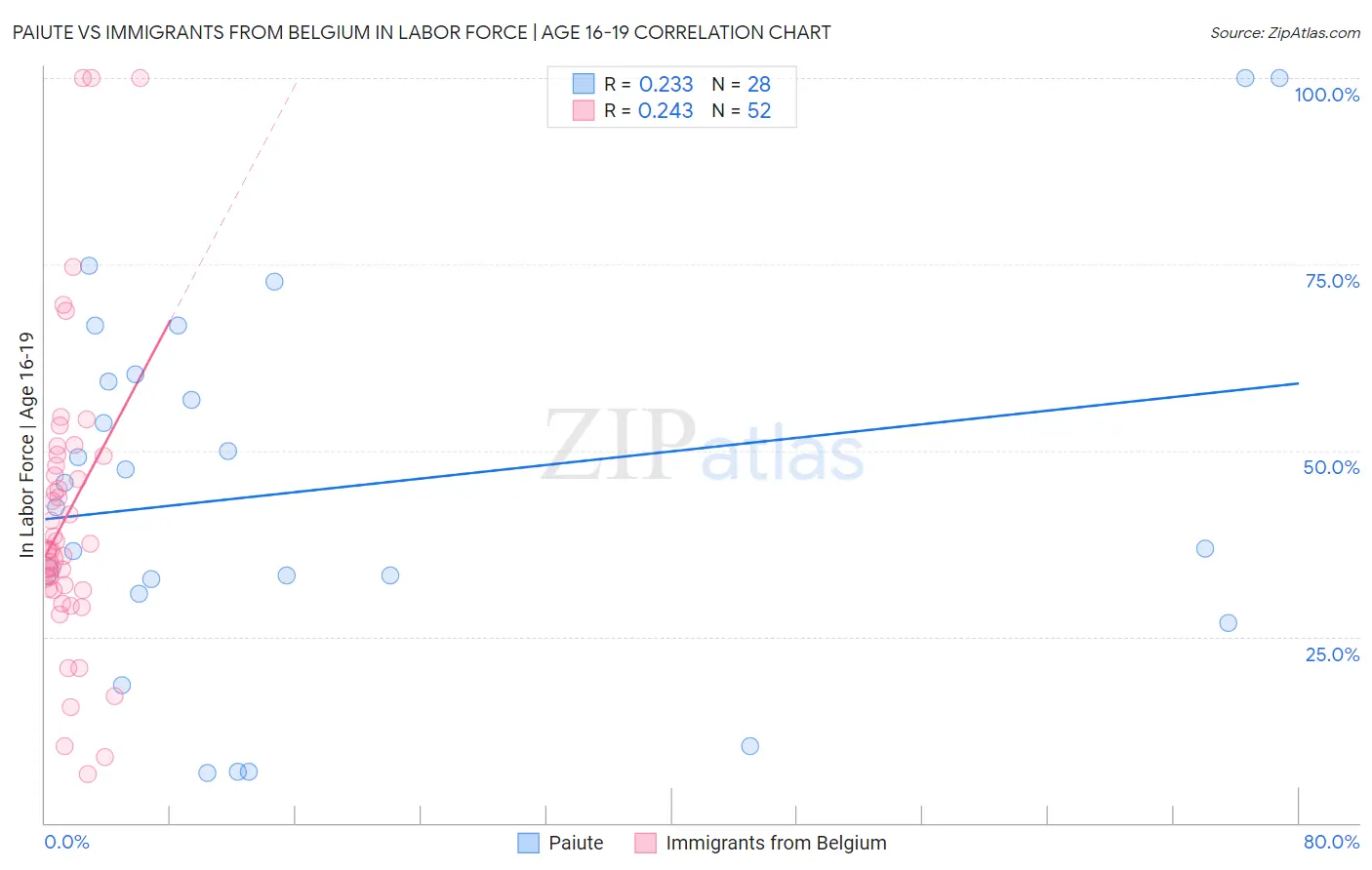 Paiute vs Immigrants from Belgium In Labor Force | Age 16-19