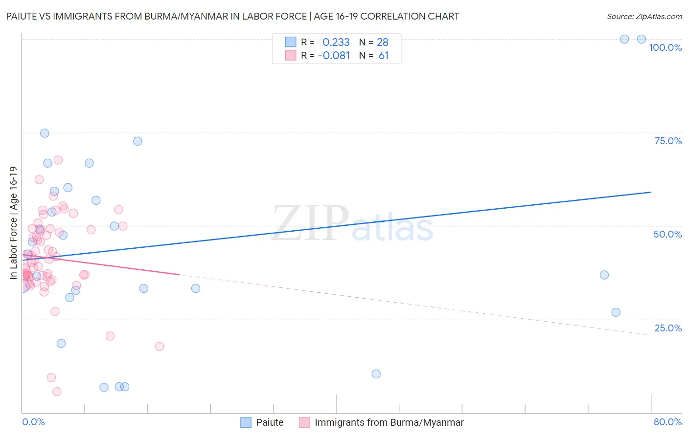 Paiute vs Immigrants from Burma/Myanmar In Labor Force | Age 16-19