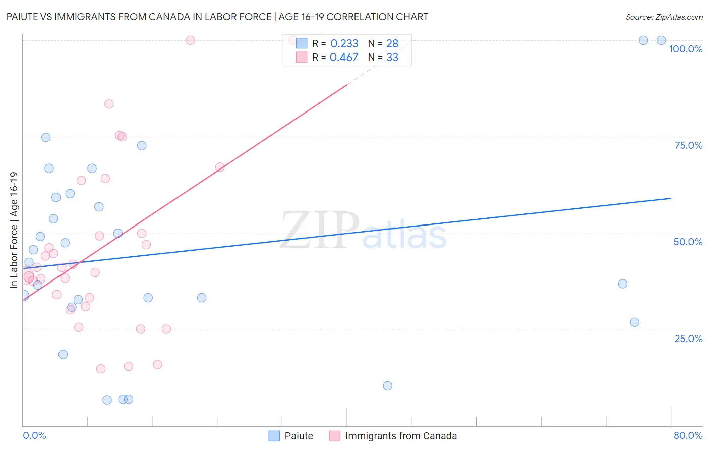 Paiute vs Immigrants from Canada In Labor Force | Age 16-19