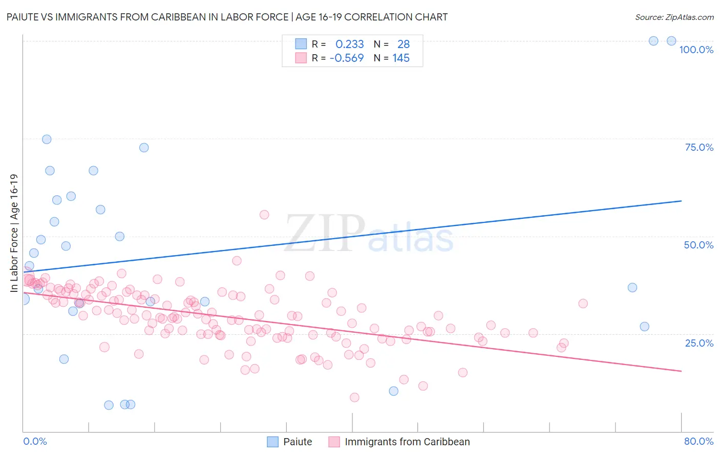 Paiute vs Immigrants from Caribbean In Labor Force | Age 16-19