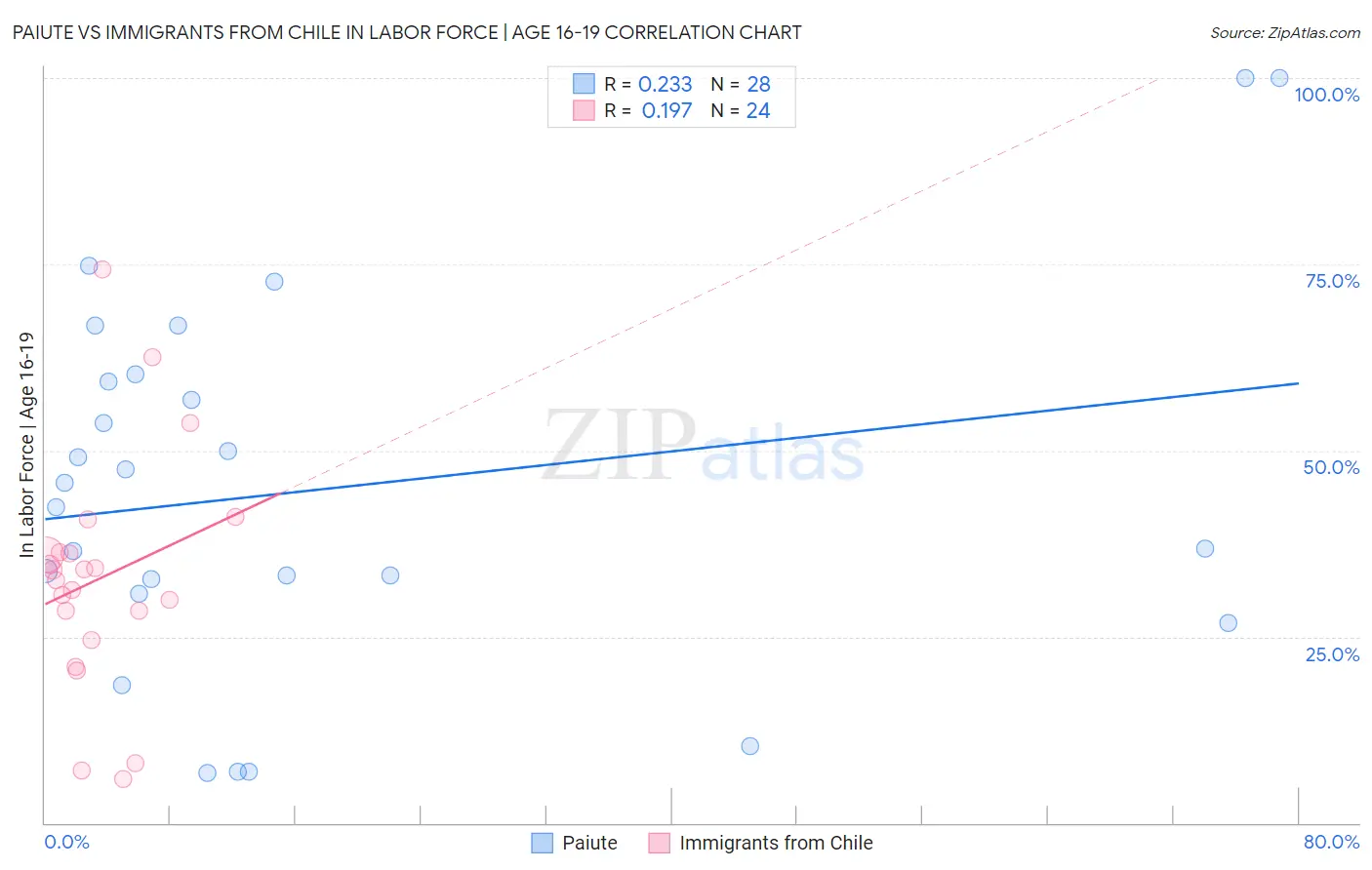 Paiute vs Immigrants from Chile In Labor Force | Age 16-19