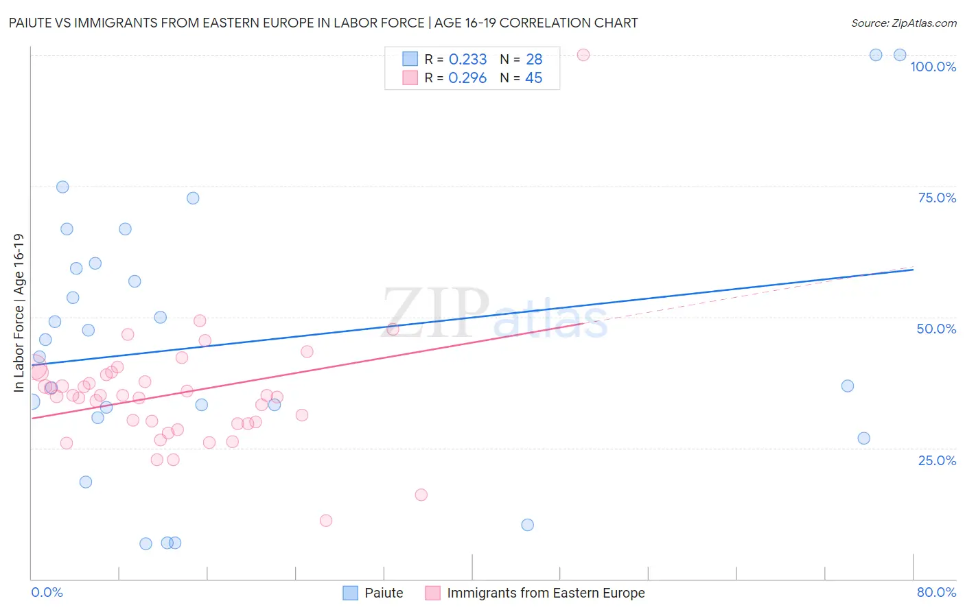 Paiute vs Immigrants from Eastern Europe In Labor Force | Age 16-19