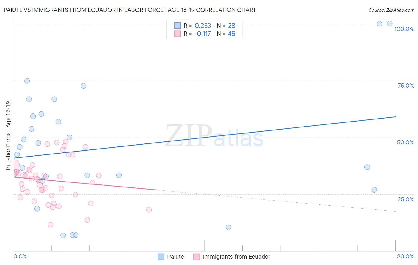 Paiute vs Immigrants from Ecuador In Labor Force | Age 16-19