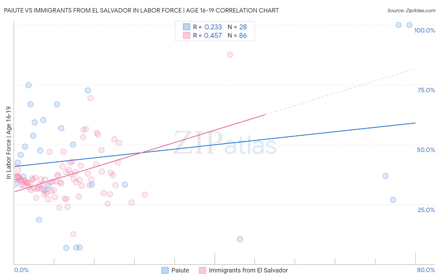 Paiute vs Immigrants from El Salvador In Labor Force | Age 16-19