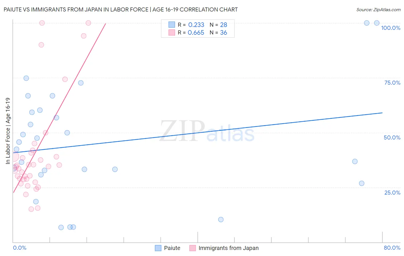 Paiute vs Immigrants from Japan In Labor Force | Age 16-19
