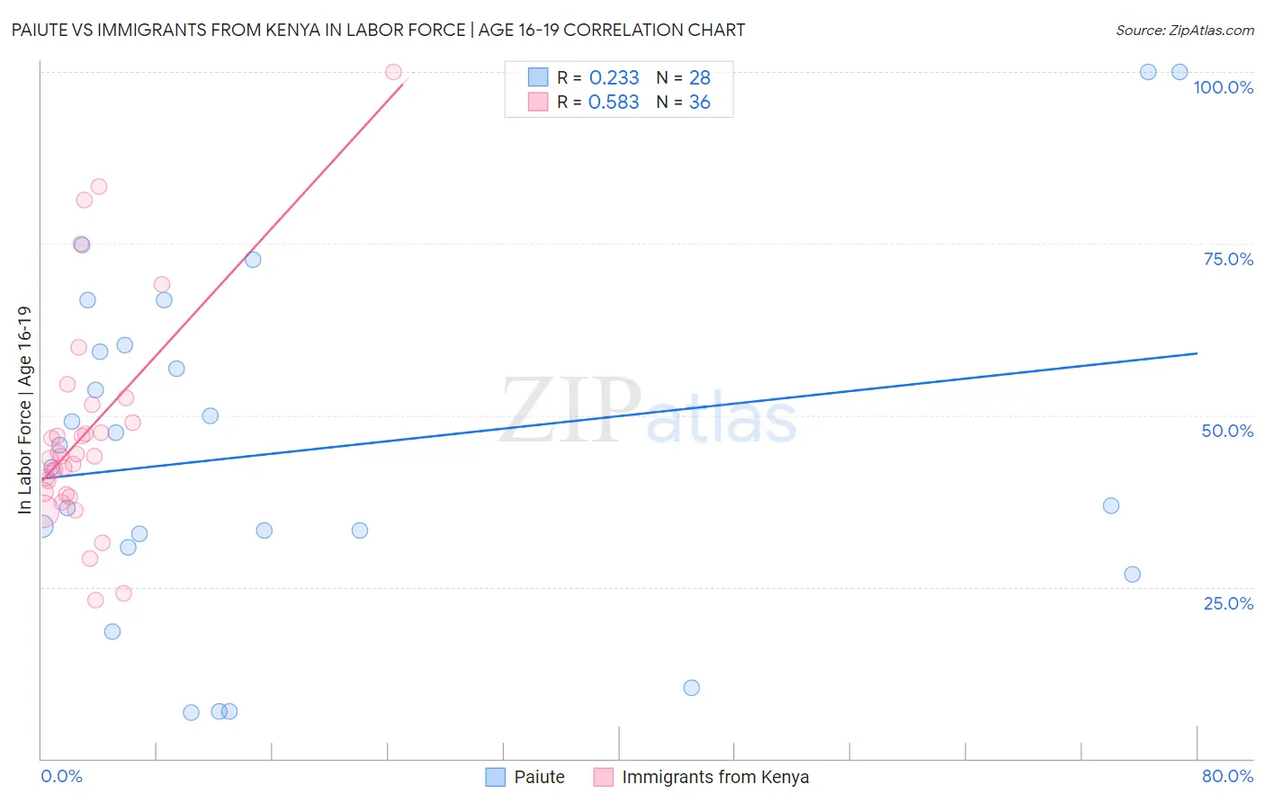 Paiute vs Immigrants from Kenya In Labor Force | Age 16-19