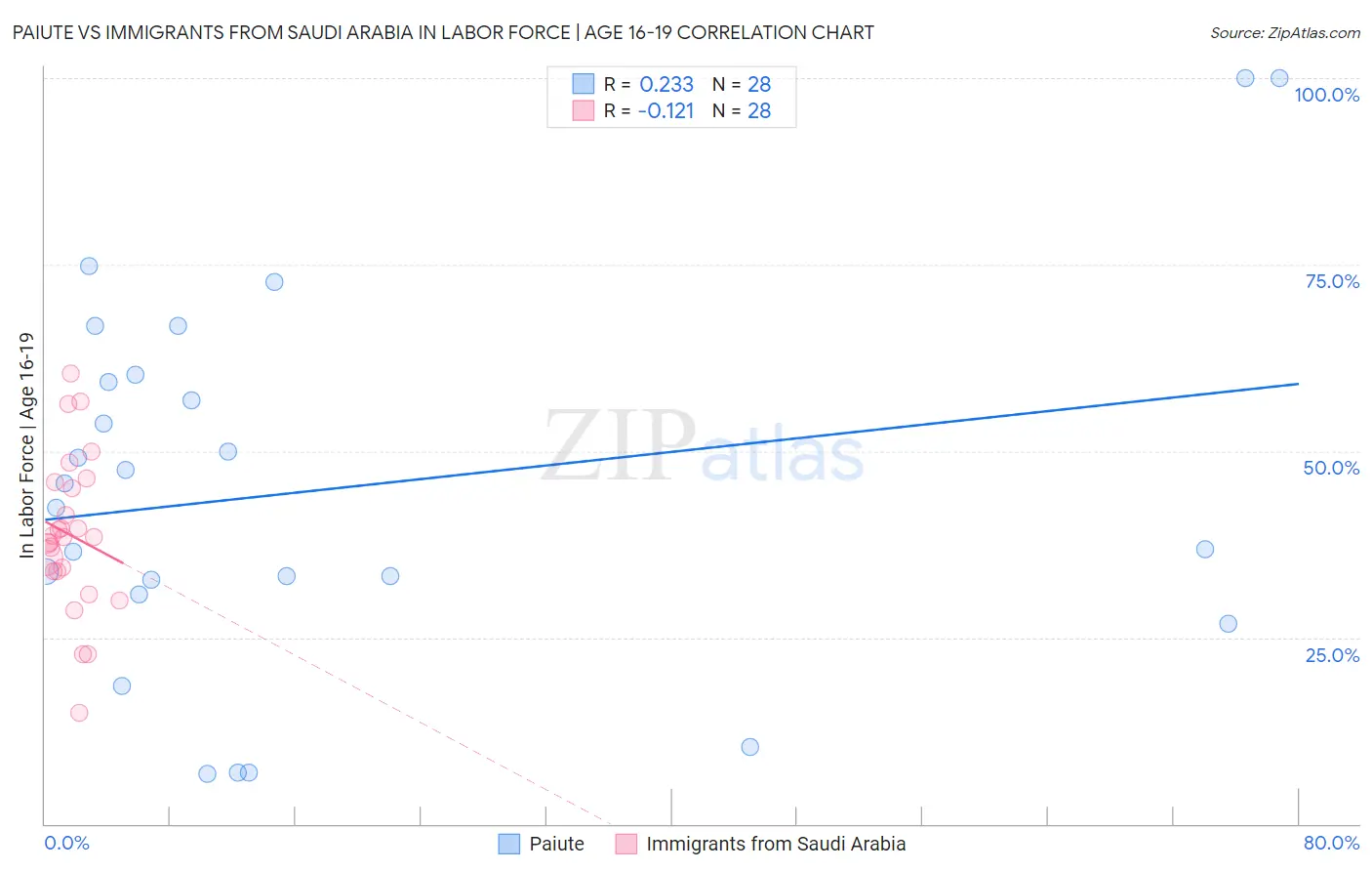 Paiute vs Immigrants from Saudi Arabia In Labor Force | Age 16-19