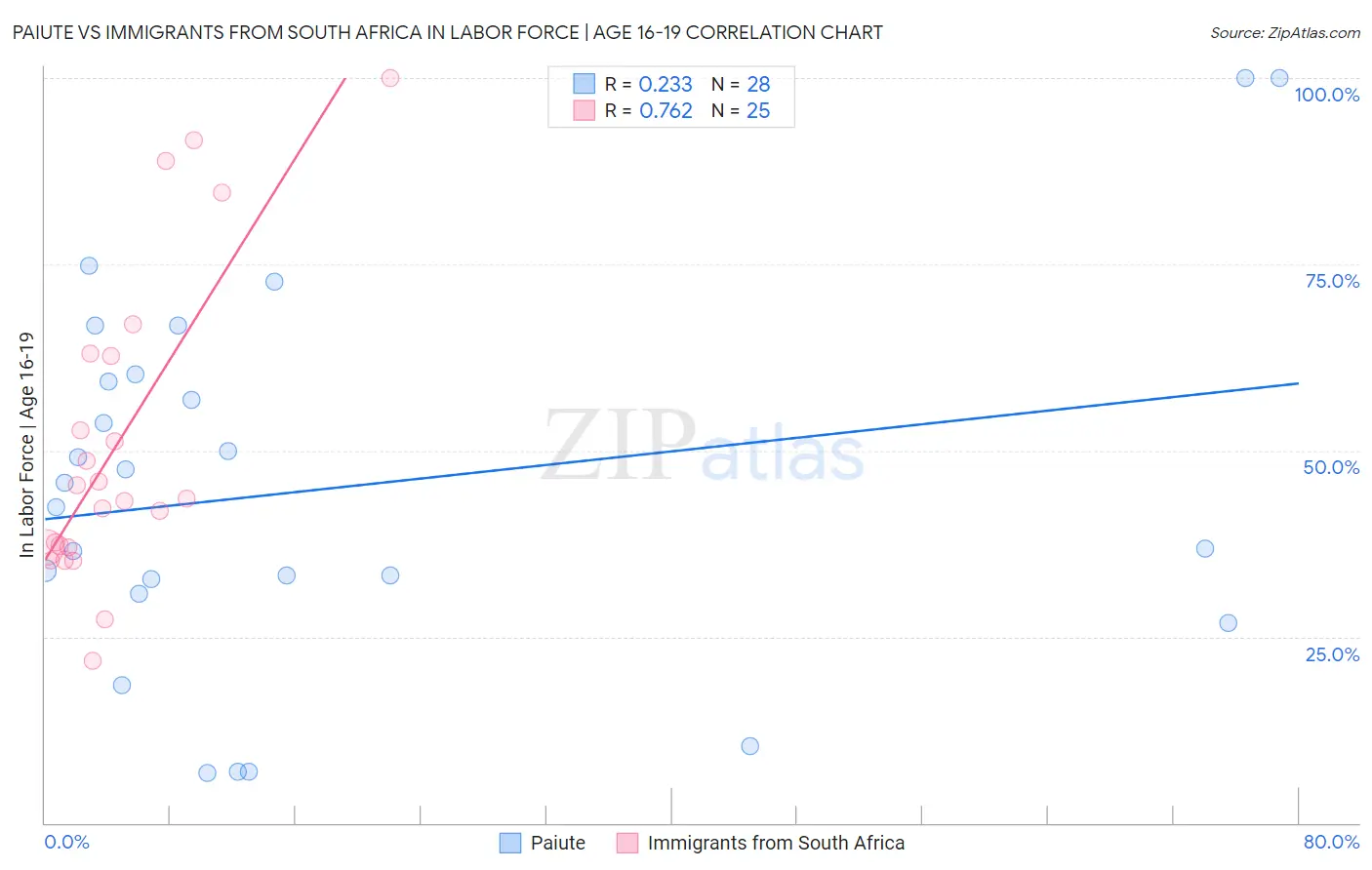Paiute vs Immigrants from South Africa In Labor Force | Age 16-19