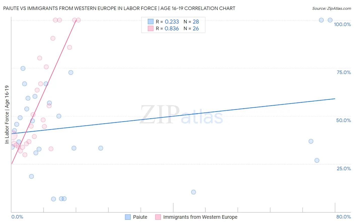 Paiute vs Immigrants from Western Europe In Labor Force | Age 16-19