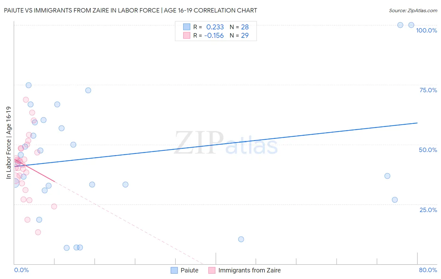 Paiute vs Immigrants from Zaire In Labor Force | Age 16-19