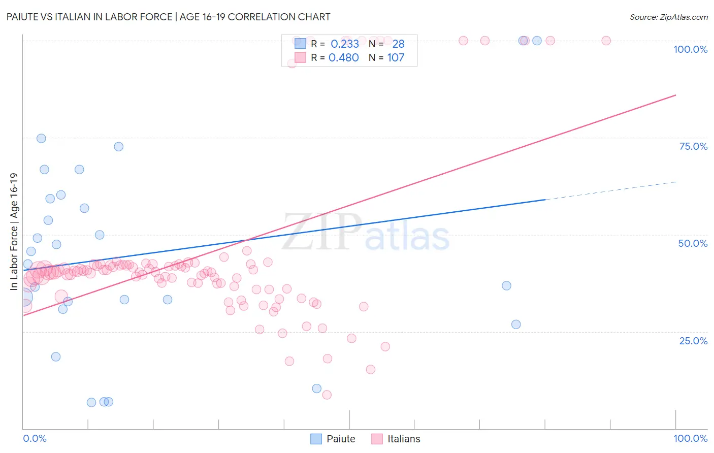 Paiute vs Italian In Labor Force | Age 16-19