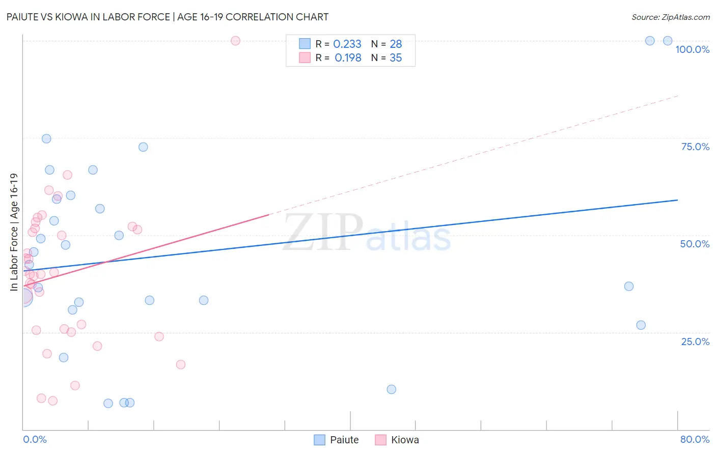 Paiute vs Kiowa In Labor Force | Age 16-19