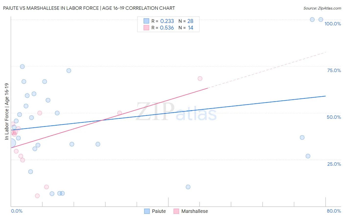 Paiute vs Marshallese In Labor Force | Age 16-19
