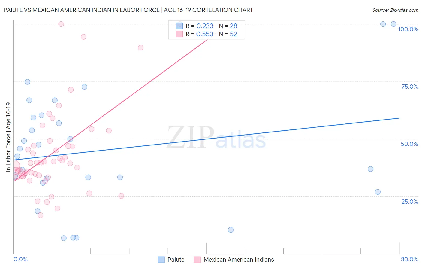 Paiute vs Mexican American Indian In Labor Force | Age 16-19
