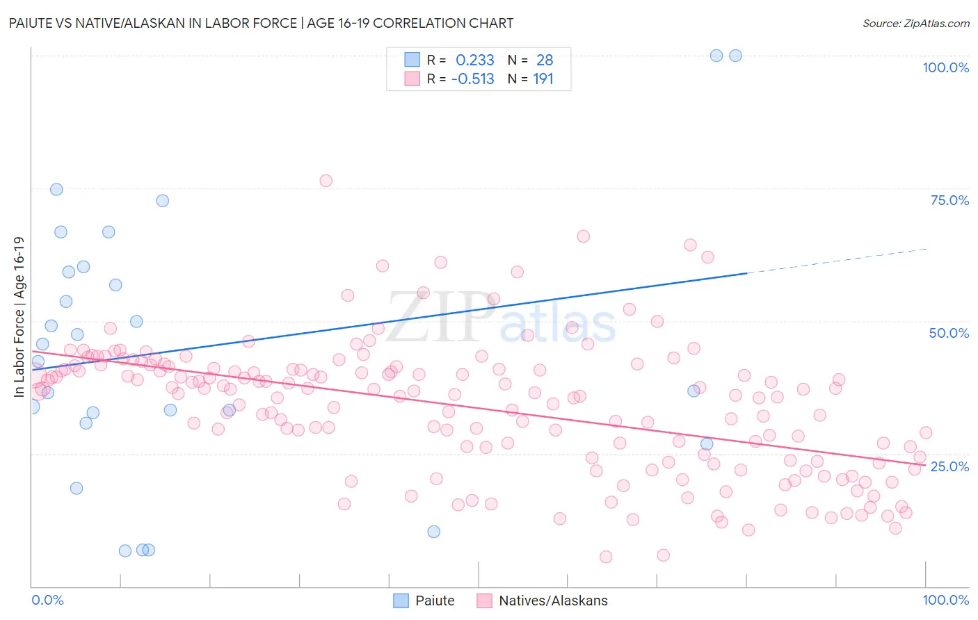 Paiute vs Native/Alaskan In Labor Force | Age 16-19