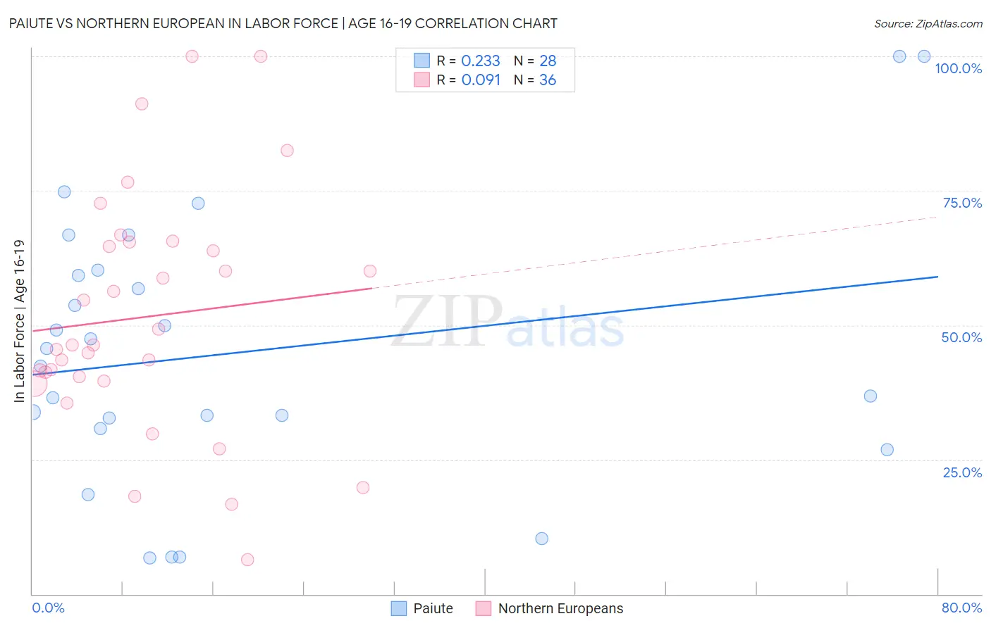 Paiute vs Northern European In Labor Force | Age 16-19