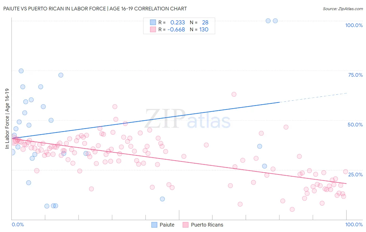 Paiute vs Puerto Rican In Labor Force | Age 16-19