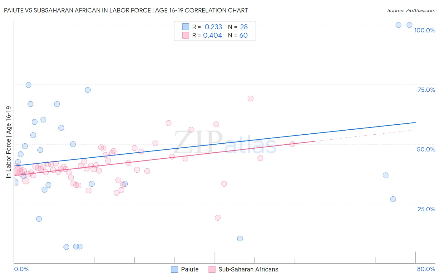 Paiute vs Subsaharan African In Labor Force | Age 16-19