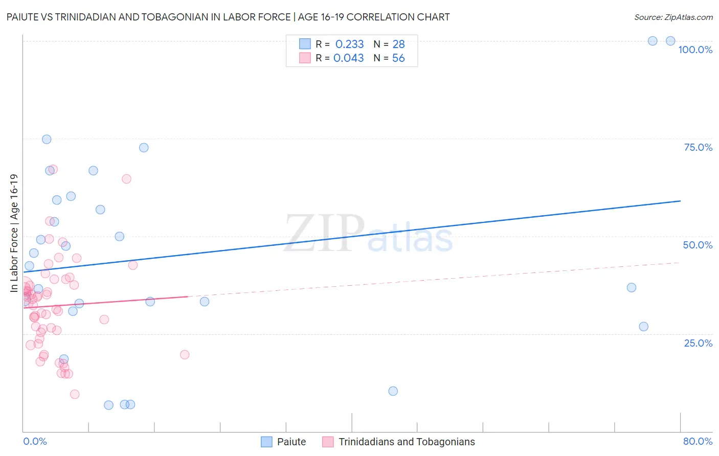 Paiute vs Trinidadian and Tobagonian In Labor Force | Age 16-19