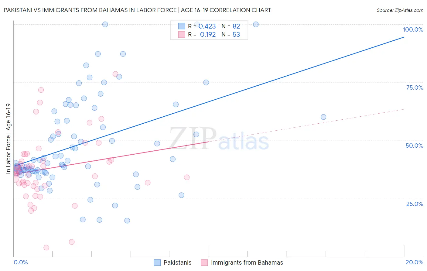 Pakistani vs Immigrants from Bahamas In Labor Force | Age 16-19