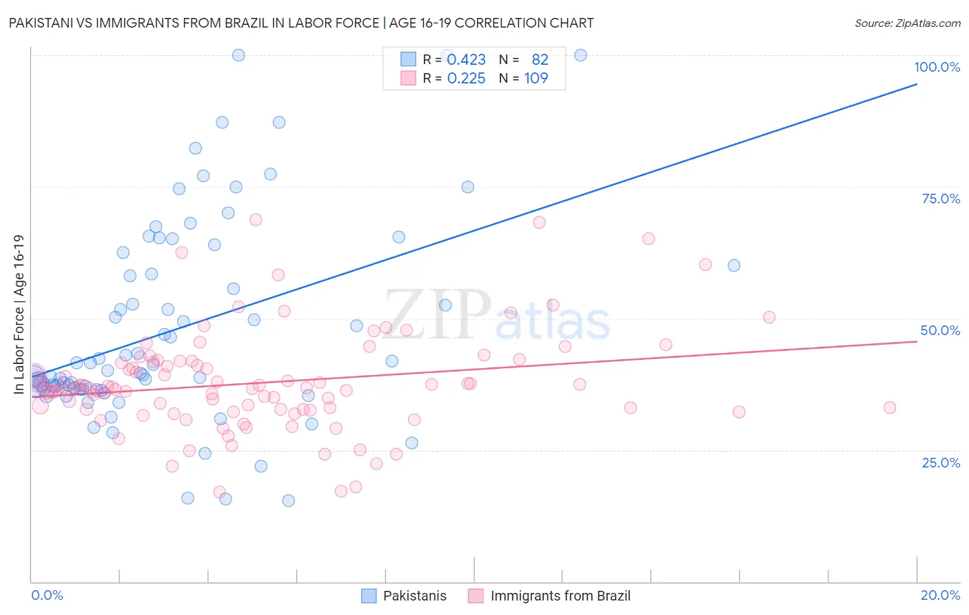 Pakistani vs Immigrants from Brazil In Labor Force | Age 16-19