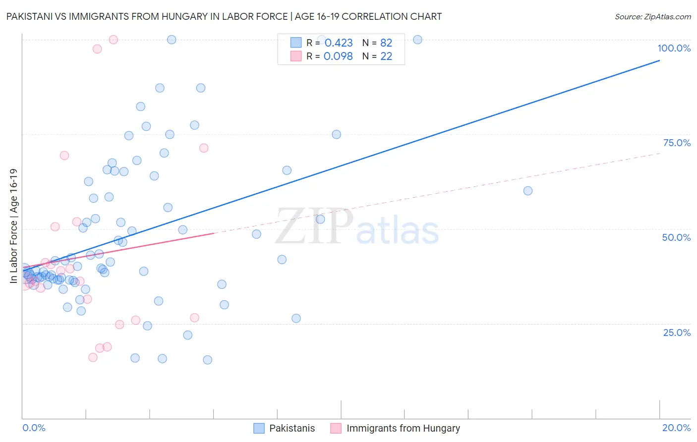 Pakistani vs Immigrants from Hungary In Labor Force | Age 16-19