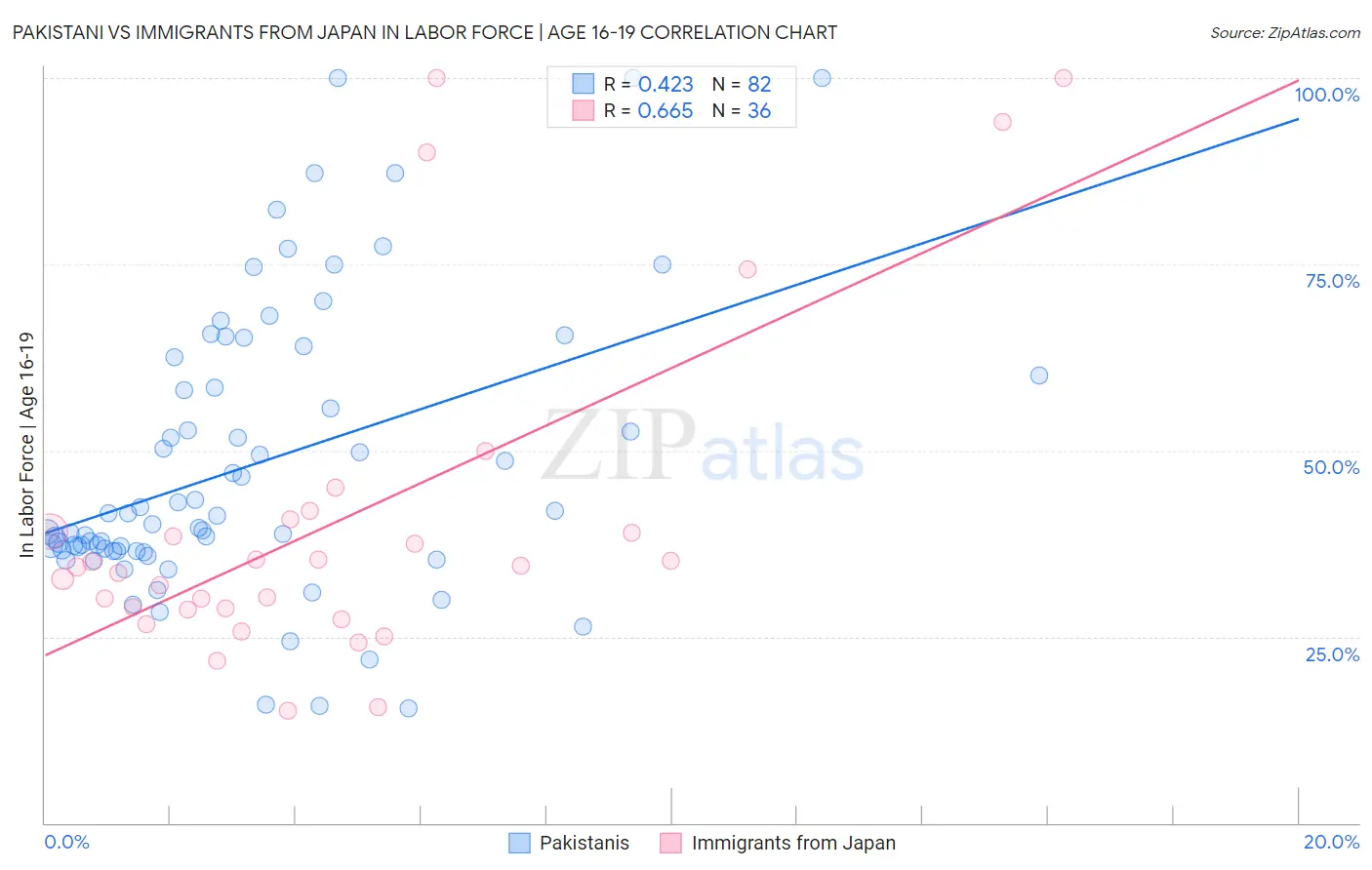 Pakistani vs Immigrants from Japan In Labor Force | Age 16-19